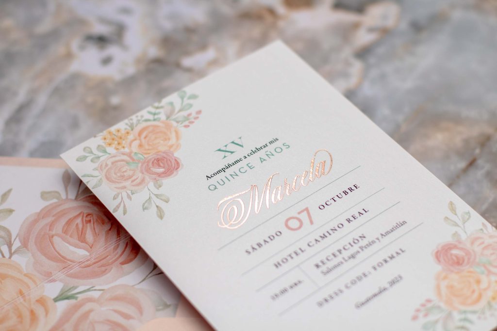 Invitación de 15 años rose gold con foil